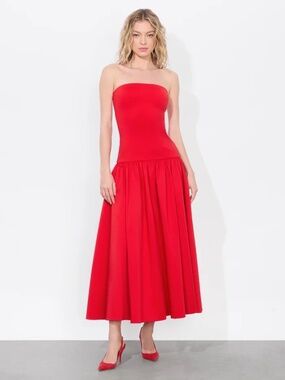 Alice + Olivia Strapless Oriana Drop Waist Midi Dress Bright Ruby size 14